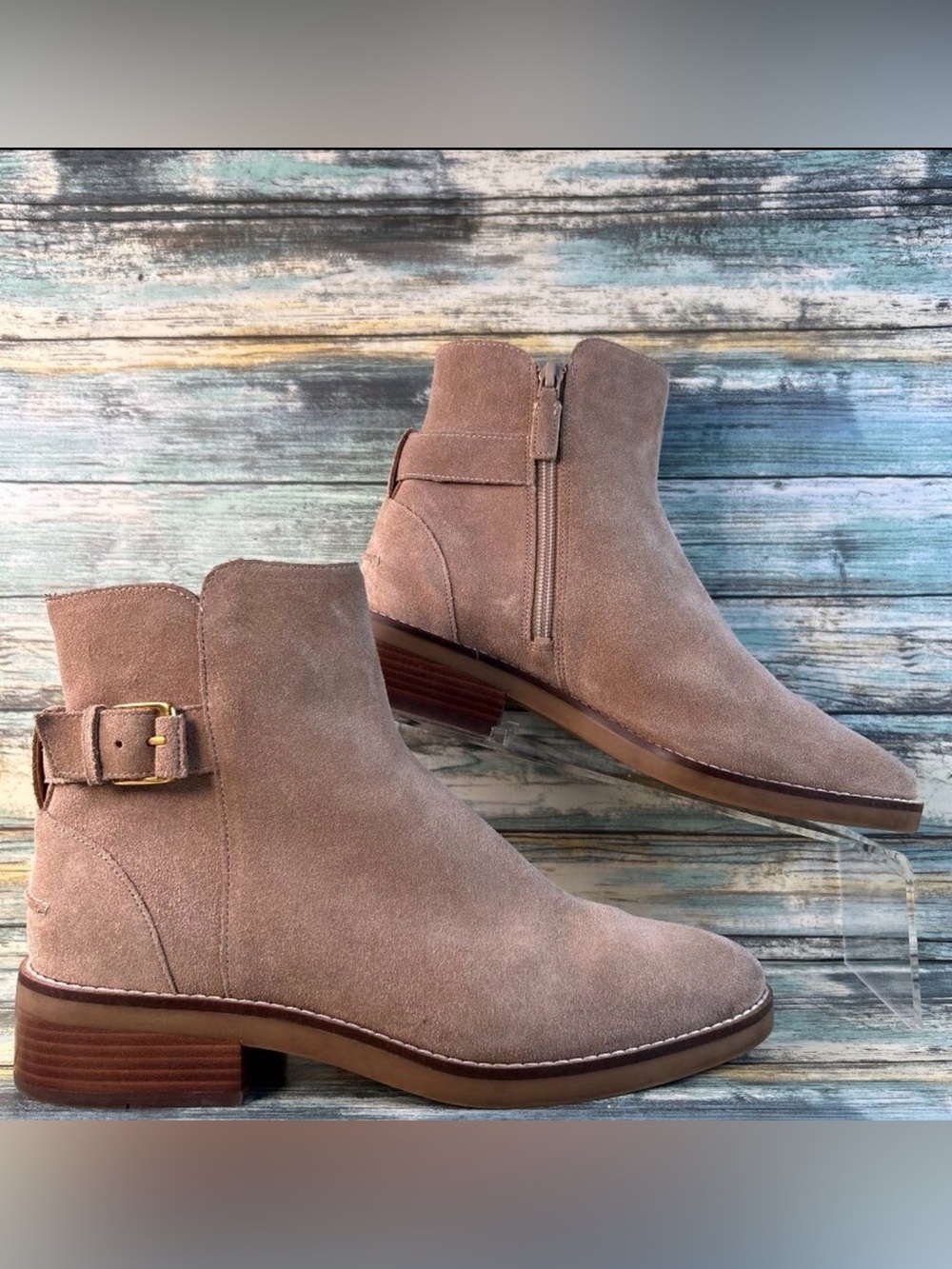 Cole Haan Hampshire Boots Womens 9 Beige Suede Short Ankle Low Block Heel Zip Up